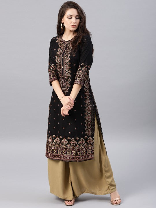 women-black-&-golden-printed-straight-kurta
