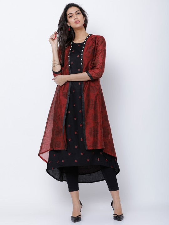 women-black-&-maroon-printed-a-line-kurta