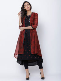 Thumbnail for women-black-&-maroon-printed-a-line-kurta