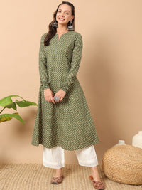 Thumbnail for Floral Printed Notch Collar Thread Work Cotton A-Line Kurta