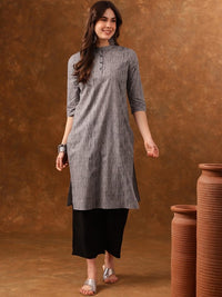 Thumbnail for grey-abstract-printed-mandarin-collar-cotton-kurta