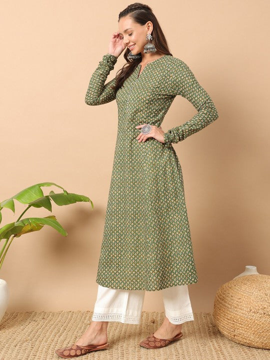 Floral Printed Notch Collar Thread Work Cotton A-Line Kurta