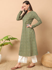 Thumbnail for Floral Printed Notch Collar Thread Work Cotton A-Line Kurta