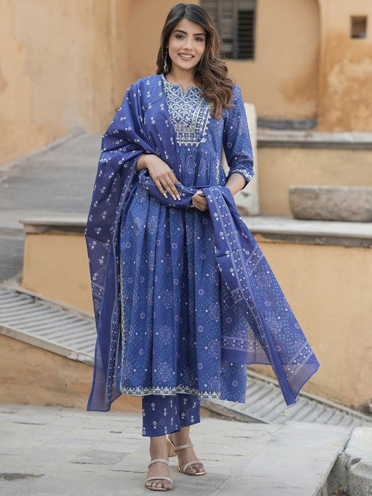 notch-neck-bandhani-embroidered-regular-thread-work-pure-cotton-kurta-set