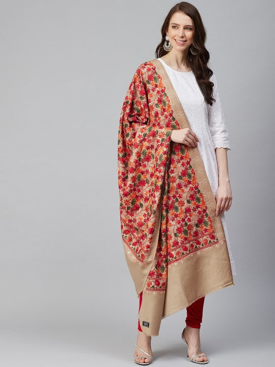 Women Green & Red Embroidered Shawl