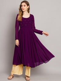 Thumbnail for women-burgundy-ethnic-motifs-georgette-anarkali-kurta