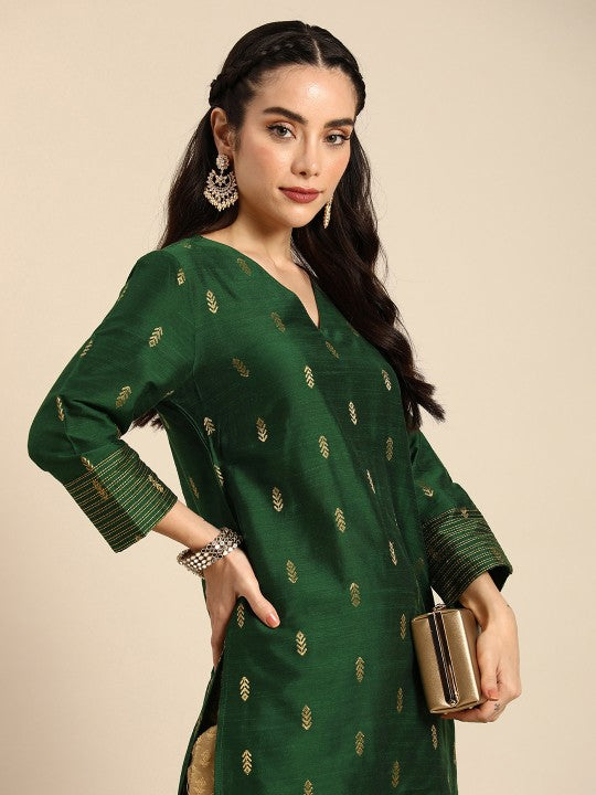 women-green-&-gold-toned-ethnic-motifs-dobby-kurta