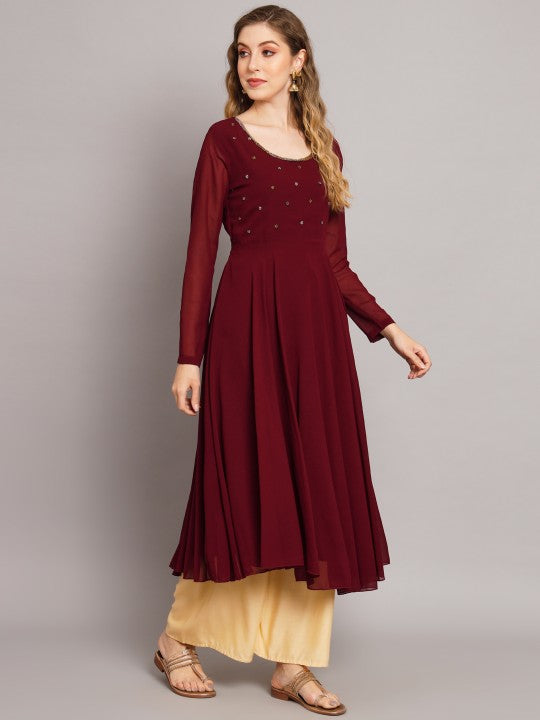 Women Burgundy Ethnic Motifs Georgette Anarkali Kurta