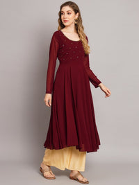 Thumbnail for Women Burgundy Ethnic Motifs Georgette Anarkali Kurta