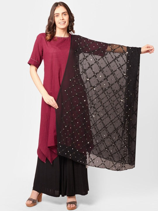 Pink Ethnic Motifs Embroidered Dupatta with Mirror Work