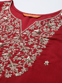 Thumbnail for women-red-ethnic-motifs-embroidered-sequinned-liva-kurta-with-trousers-&-dupatta