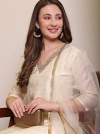 Thumbnail for floral-woven-design-v-neck-straight-kurta-with-trouser-&-dupatta
