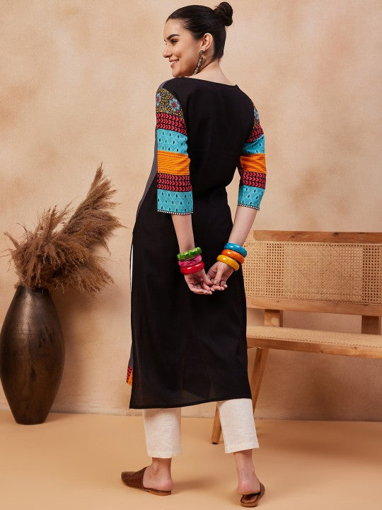 Floral Printed Round Neck Pure Cotton Straight Kurta