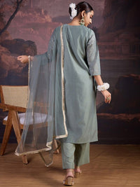 Thumbnail for Floral Woven Design V-Neck Straight Kurta With Trouser & Dupatta