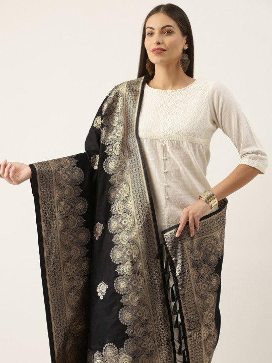 Pink & Gold-Toned Woven Design Pure Silk Dupatta with Zari