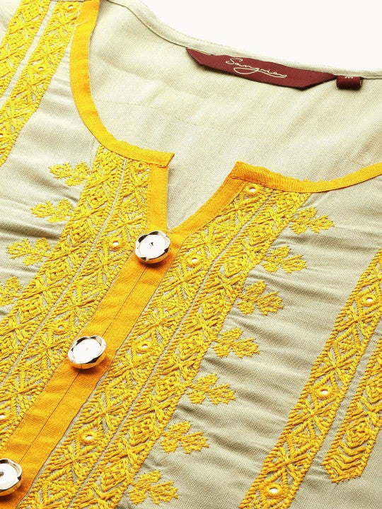 Floral Yoke Printed Mirror Work Kurta