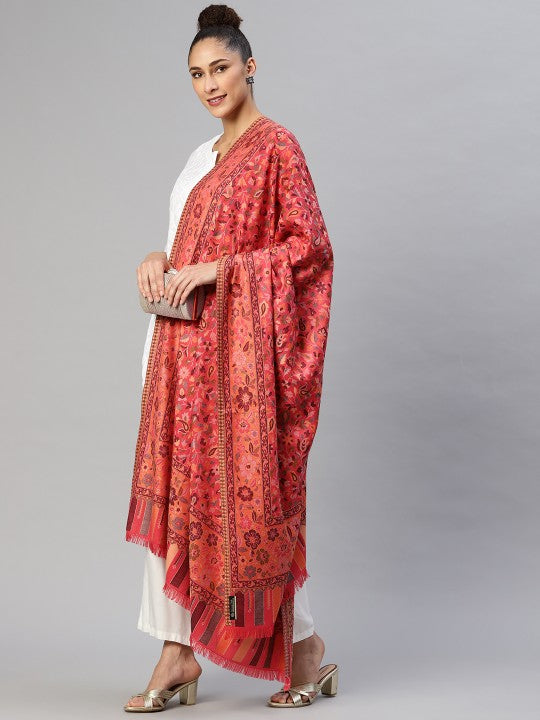 Women Beige Floral Woven Design Fusion Shawl