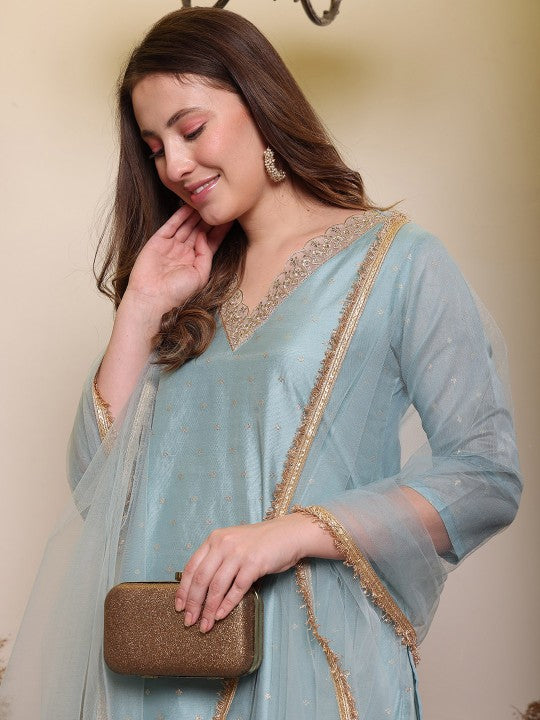 Floral Woven Design V-Neck Straight Kurta With Trouser & Dupatta