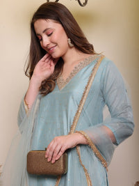 Thumbnail for Floral Woven Design V-Neck Straight Kurta With Trouser & Dupatta