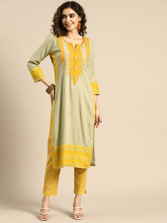 Floral Yoke Printed Mirror Work Kurta