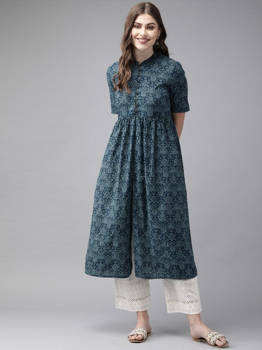 women-navy-blue-printed-a-line-kurta-with-gathered-detail