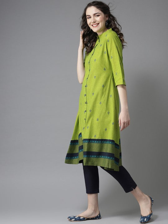 women-green-&-navy-blue-woven-design-a-line-kurta