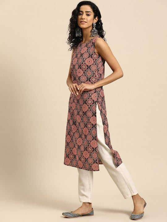 Women Ethnic Motifs Printed Kantha Work Dobby Kurta