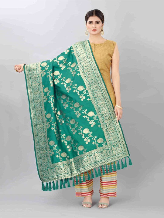 Pink & Gold-Toned Woven Design Art Silk Dupatta with Zari