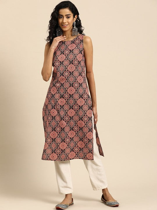 Women Ethnic Motifs Printed Kantha Work Dobby Kurta