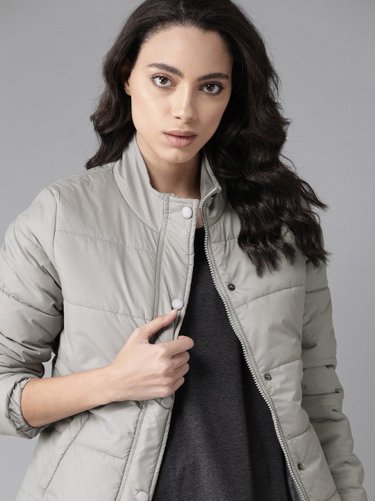 Women Navy Blue Solid Padded Jacket