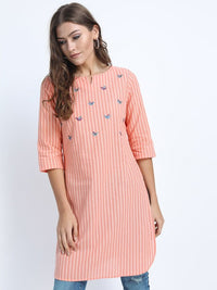 Thumbnail for Women Blue Striped Embroidered Straight Tunic