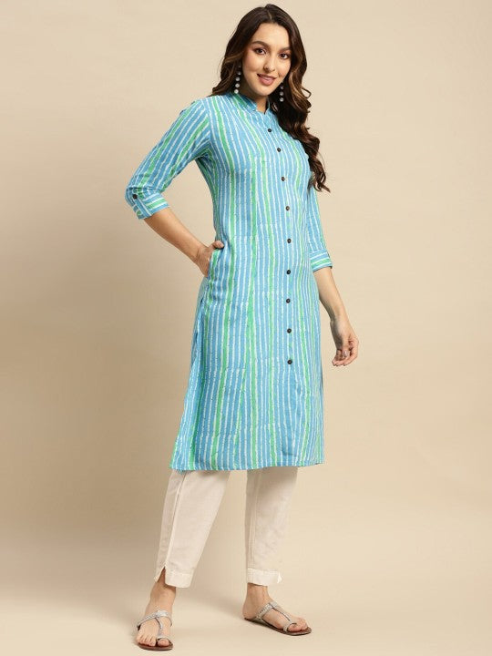 Round Neck Striped Printed Roll-Up Sleeve A-Line Kurta