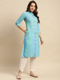 Thumbnail for Round Neck Striped Printed Roll-Up Sleeve A-Line Kurta