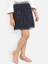 Thumbnail for girls-navy-blue-&-silver-self-design-flared-skirts
