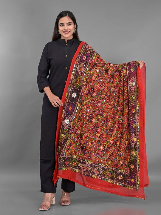 women-red-&-purple-ethnic-motifs-embroidered-mirror-work-cotton-blend-dupatta