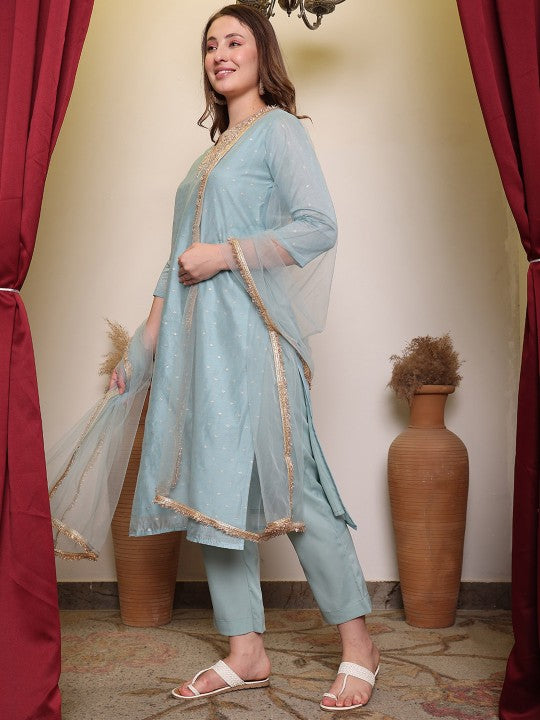 Floral Woven Design V-Neck Straight Kurta With Trouser & Dupatta