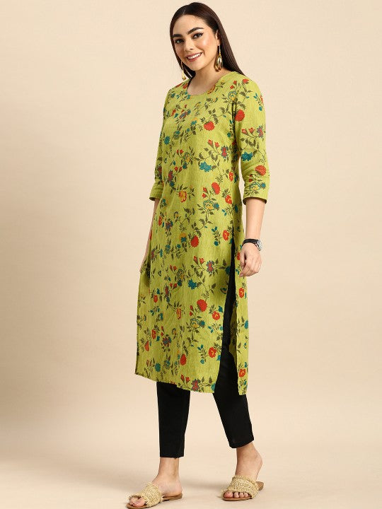 women-green-&-red-floral-printed-pure-cotton-kurta