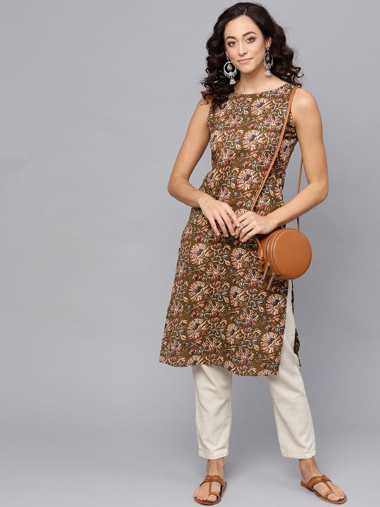 Women Ethnic Motifs Printed Kantha Work Dobby Kurta