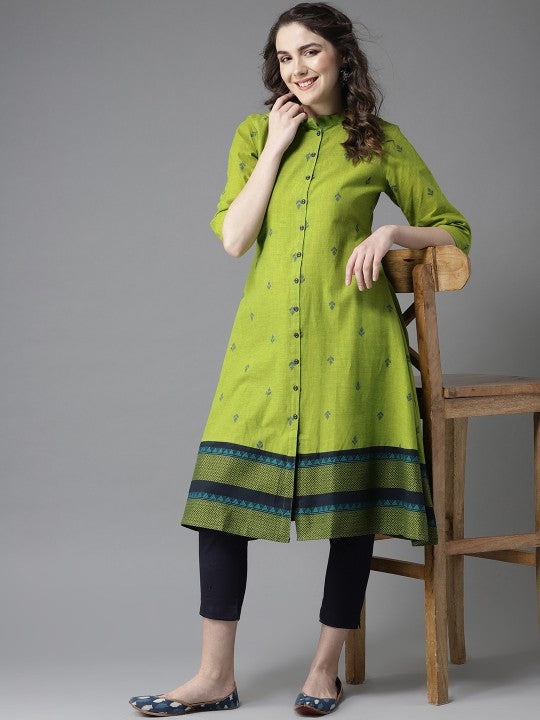 women-green-&-navy-blue-woven-design-a-line-kurta