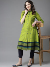 Thumbnail for women-green-&-navy-blue-woven-design-a-line-kurta