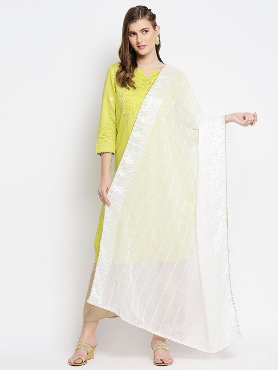 Women Cream-Coloured & Gold-Toned Printed Dupatta with Sequinned