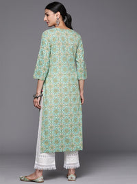 Thumbnail for Women Blue Floral Print Straight Kurta With Lace Detail