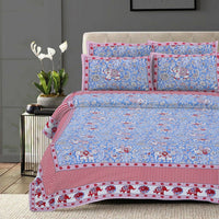 Thumbnail for Rudra Bazaar Red Blue 210 TC Cotton Double King Bedsheet With 2 Pillow Covers