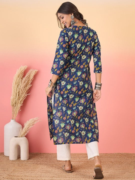 Women Green & Red Floral Printed Pure Cotton Kurta
