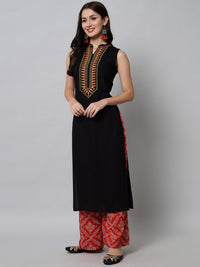 Thumbnail for floral-embroidered-mirror-work-mandarin-collar-straight-kurta