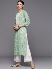 Thumbnail for Women Blue Floral Print Straight Kurta With Lace Detail