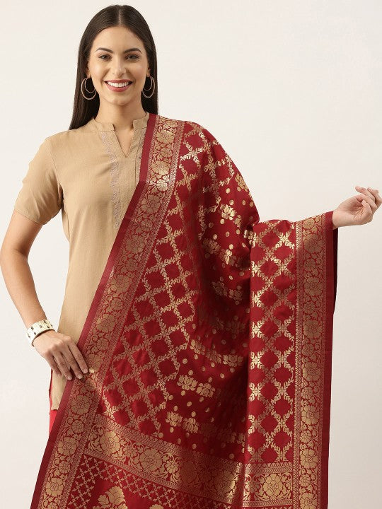 Pink & Gold-Toned Ethnic Motifs Woven Design Pure Banarasi Silk Dupatta