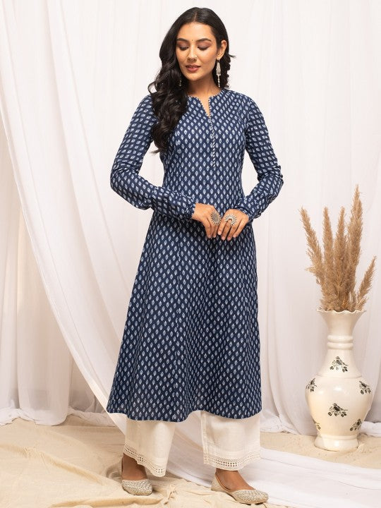 Floral Printed Notch Collar Thread Work Cotton A-Line Kurta