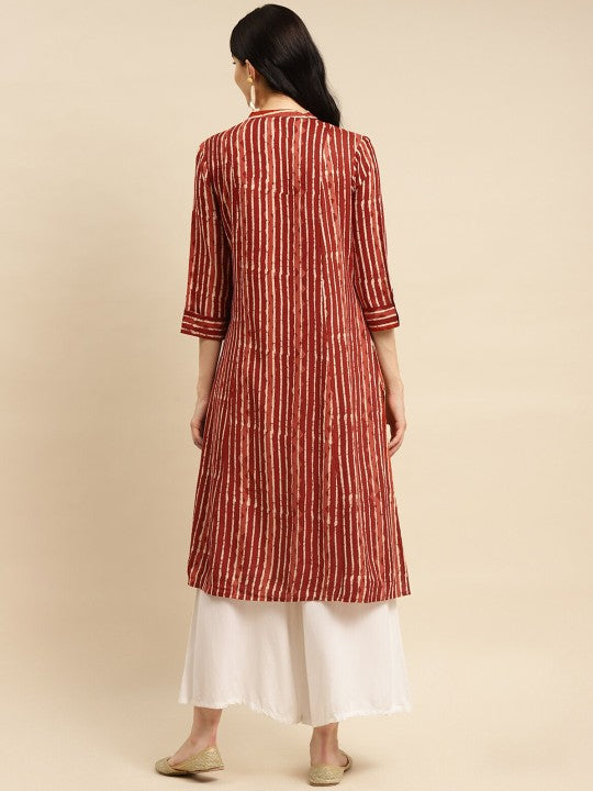 round-neck-striped-printed-roll-up-sleeve-a-line-kurta