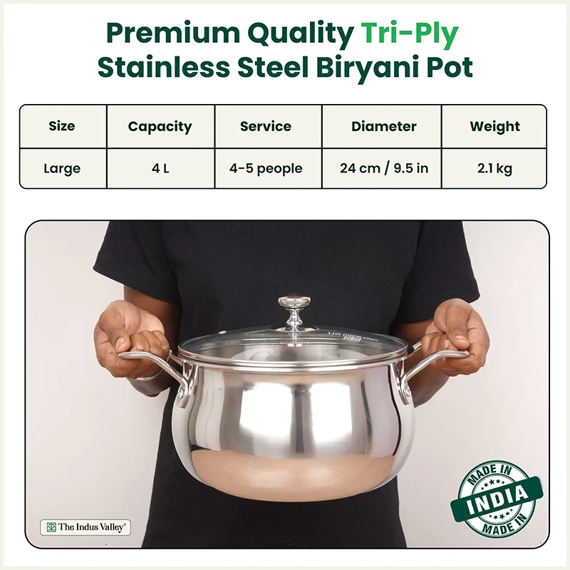 Biryani Cooking Pot+ Glass Lid, Premium Quality, 3 Layer Thick Body, 100% Toxin